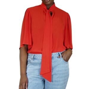 NWT Eloquii Bright Orange Bow Neck Tie Blouse With Flutter Sleeves Size 14